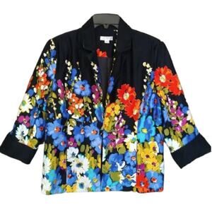 Erin London Floral Blazer M Bold Multicolor Artsy Jacket Lined Open Front
